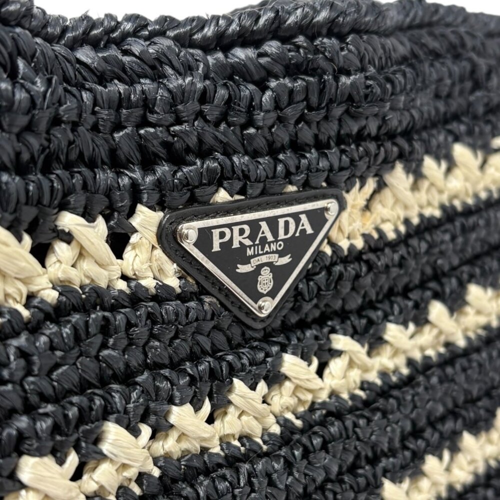 PRADA Vintage Triangle Logo Canapa Tote Bag Handbag Black Beige Raffia [106401] - Picture 14 of 15